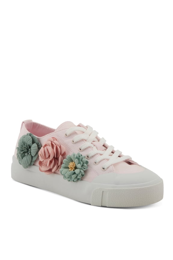 Women's Fleur Lace-Up Canvas Sneakers - Floral Appliqué, Cushioned Comfort, 3/4" Heel