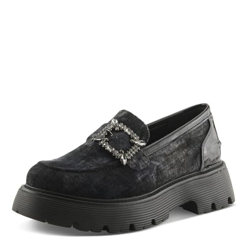 PATRIZIA MORHUA Women’s Velvet Loafer – Crystal Buckle Slip-On Platform with Chunky Lug Sole