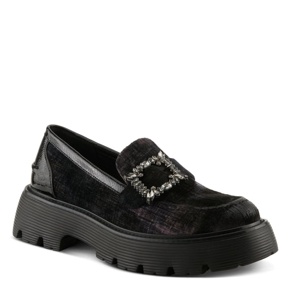 PATRIZIA MORHUA Women’s Velvet Loafer – Crystal Buckle Slip-On Platform with Chunky Lug Sole