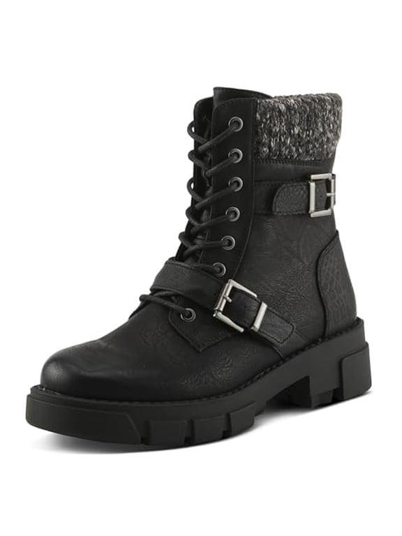 MAHANDA Women’s Ankle Boot – Faux Leather Lug Sole Bootie with Knit Sweater Collar & Buckle Detail