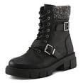 thumbnail image 1 of PATRIZIA MAHANDA Women’s Ankle Boot – Faux Leather Lug Sole Bootie with Knit Sweater Collar & Buckle Detail, 1 of 9