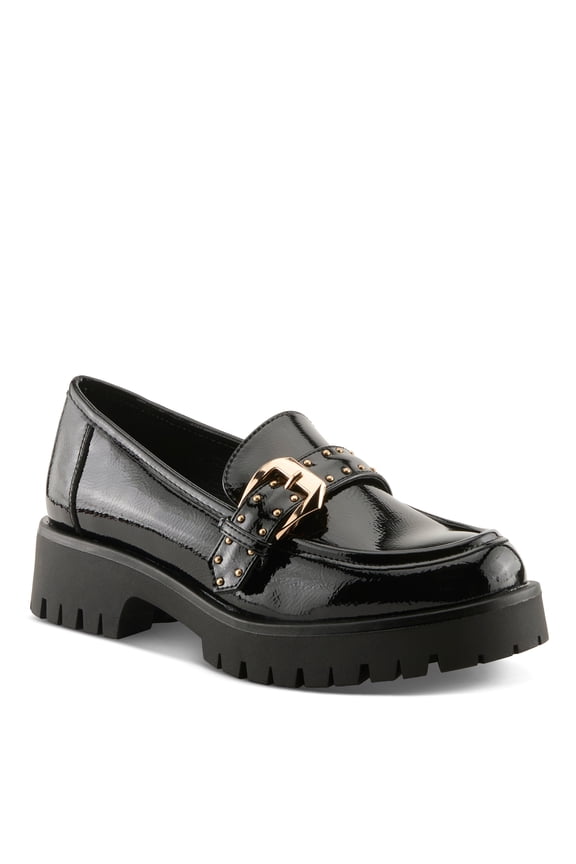 Pacha Women’s Patent Loafers with Gold Buckle and Stud Detail