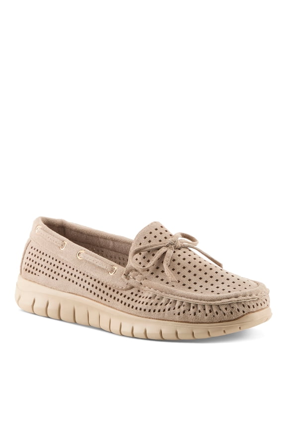 Women's Aboard Moccasin Loafers – Microsuede Slip-On Shoes with Elegant Square-Dot Perforation, Bow Accent, and Cushioned Comfort Footbed