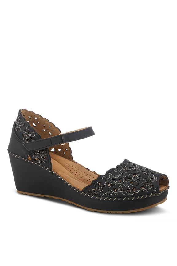 Spring Step Gennina Wedge Sandals for Womens - Laser Cut Ladies Sandals with Embroidery - Hook and Loop Closure Womens Sandals