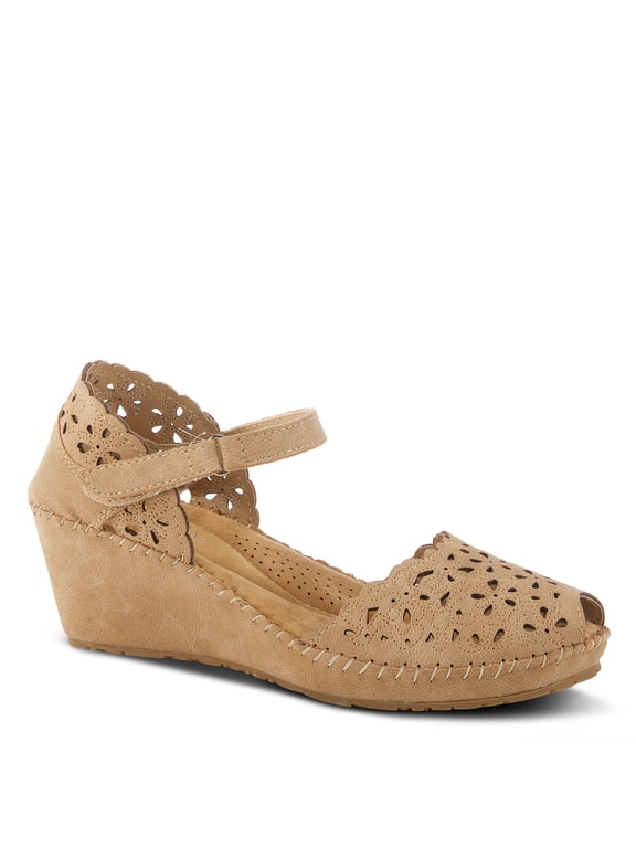 Spring Step Gennina Wedge Sandals for Womens - Laser Cut Ladies Sandals with Embroidery - Hook and Loop Closure Womens Sandals