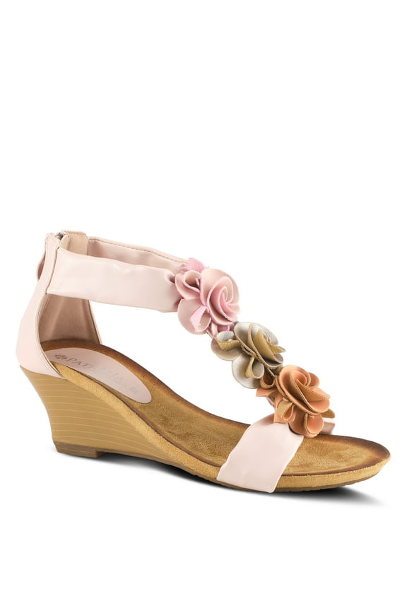 Women's HARLEQUIN Ankle Strap T-Strap Wedge Sandals - Floral Design, Cushioned Insole, Back Zipper