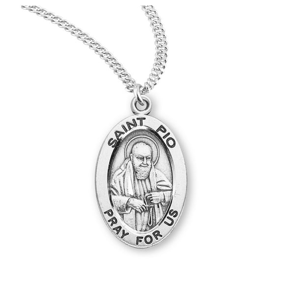 HMH Die Struck Hand Engraved Patron Saint Pio Oval Sterling Silver Medal for Men | Women with 20" Rhodium Plated Curb Chain packaged in Deluxe Velvet Box