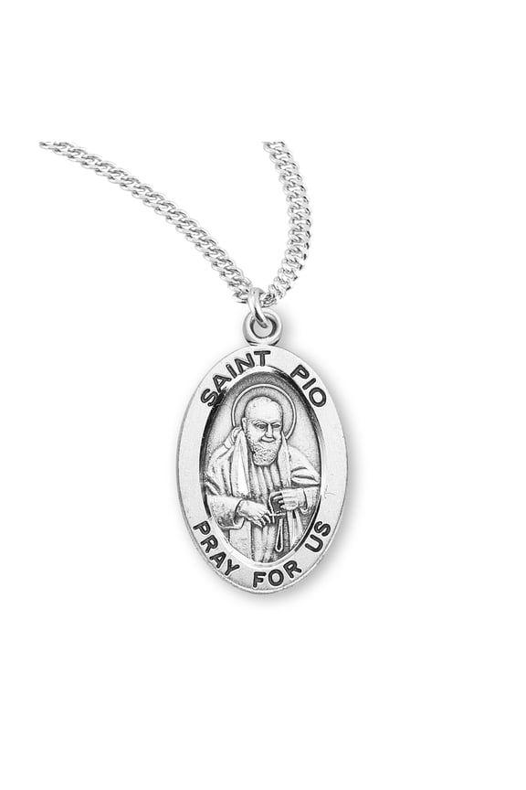 Die Struck Hand Engraved Patron Saint Pio Oval Sterling Silver Medal for Men | Women with 20" Rhodium Plated Curb Chain packaged in Deluxe Velvet Box