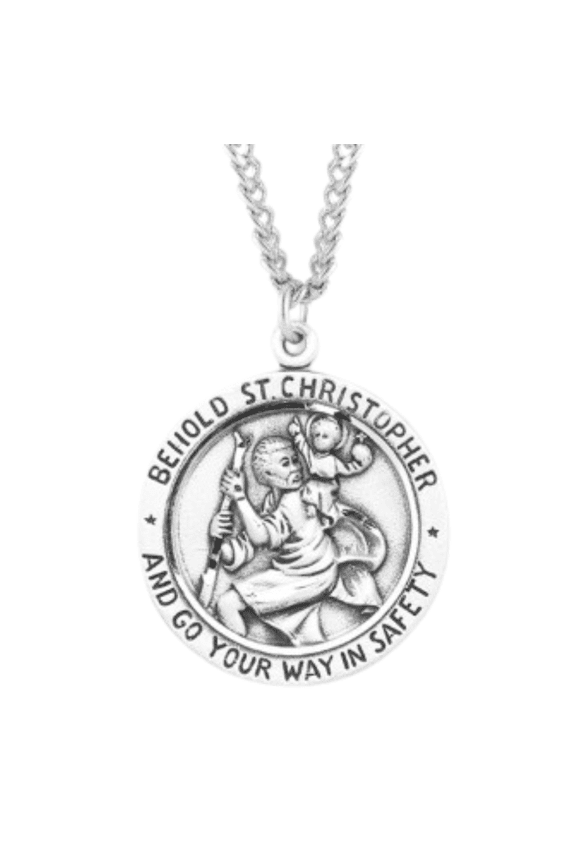 Patron Saint St Christopher Round Sterling Silver Medal, 24" Rhodium Plated Stainless Steel Chain Necklace, Made in USA - Deluxe Velvet Gift Box