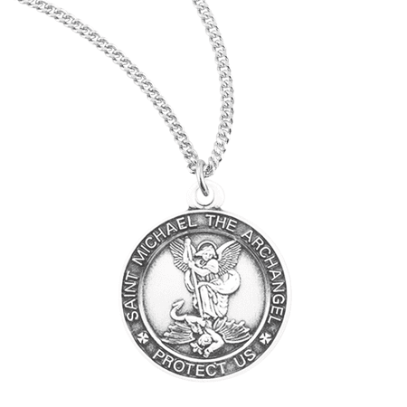 Patron Saint St Michael Round Sterling Silver Medal, 18" Rhodium Plated Stainless Steel Chain Necklace, Made in USA - Deluxe Velvet Gift Box