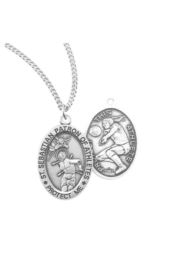 Patron Saint St Sebastian Oval Sterling Silver Women's Volleyball Medal, 18" Rhodium Plated Stainless Steel Chain Necklace, Made in USA, Deluxe Velvet Gift Box