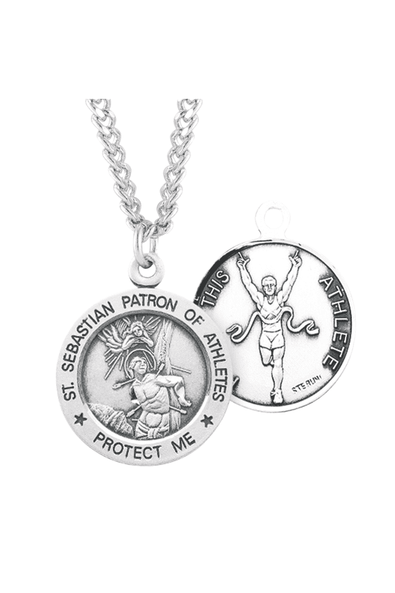 Patron Saint St Sebastian Round Sterling Silver Track Medal, 24" Endless Rhodium Plated Stainless Steel Chain Necklace, Made in USA, Deluxe Velvet Gift Box