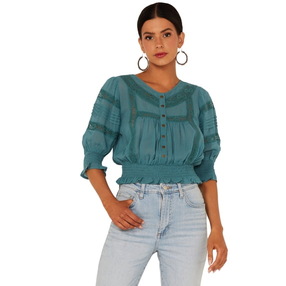 Patrons Of Peace Women's Woven Lace Smocked Bottom Blouse Blue Large US