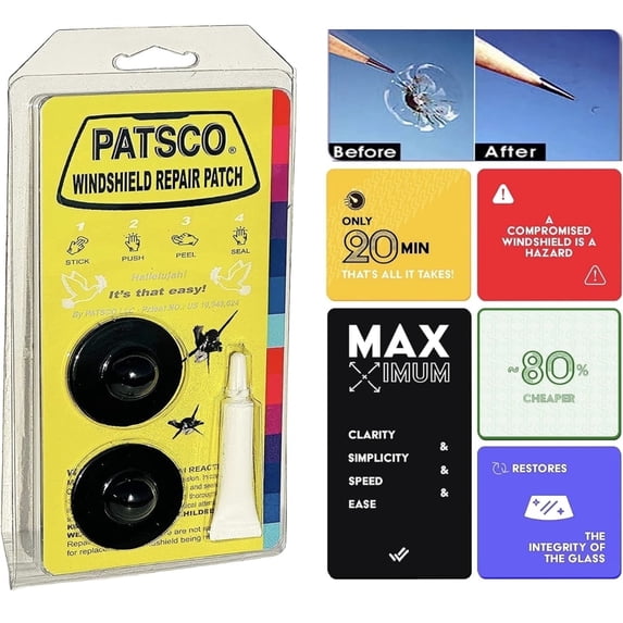 Patsco Windshield Repair Patch – for Auto Glass Repair of Rock Chips or Bullseyes