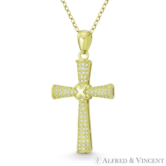 Pattée / Formée Cross Cubic Zirconia CZ Crystal Pave & "X" Rope 37x19mm (1.5x0.75in) Pendant in .925 Sterling Silver w/ 14k Yellow Gold