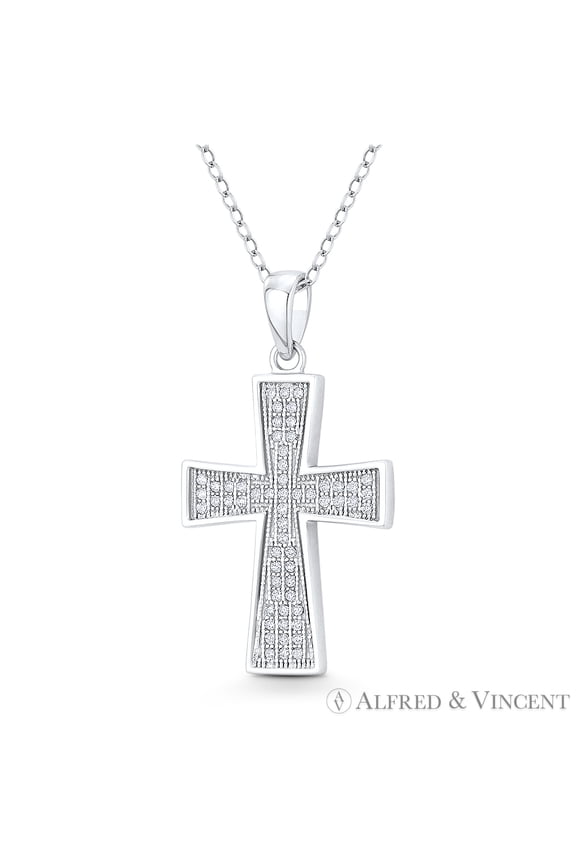 Pattée / Formée Cross Cubic Zirconia CZ Crystal Pave 32x18mm (1.3x0.7in) Christian Pendant in .925 Sterling Silver w/ Rhodium