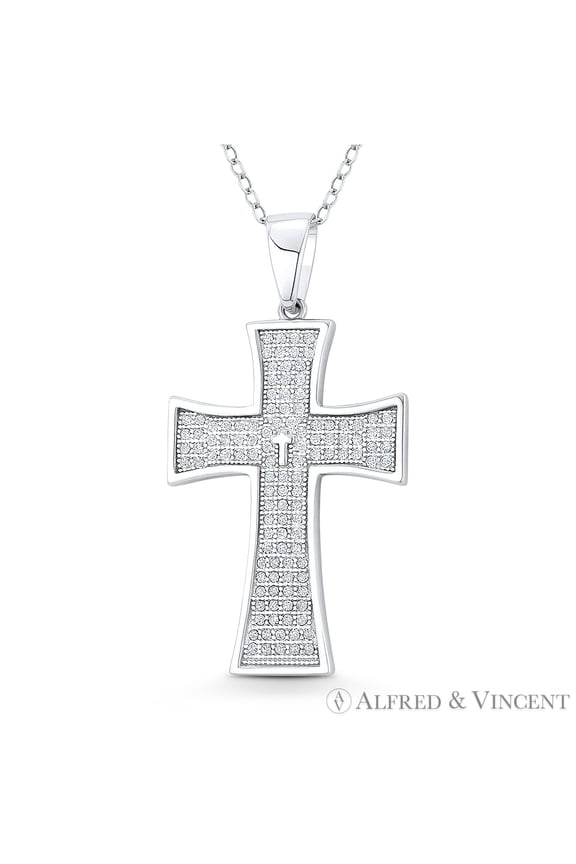 Pattée / Formée Cross Cubic Zirconia CZ Crystal Pave 39x20mm (1.5x0.8in) Christian Pendant in .925 Sterling Silver w/ Rhodium