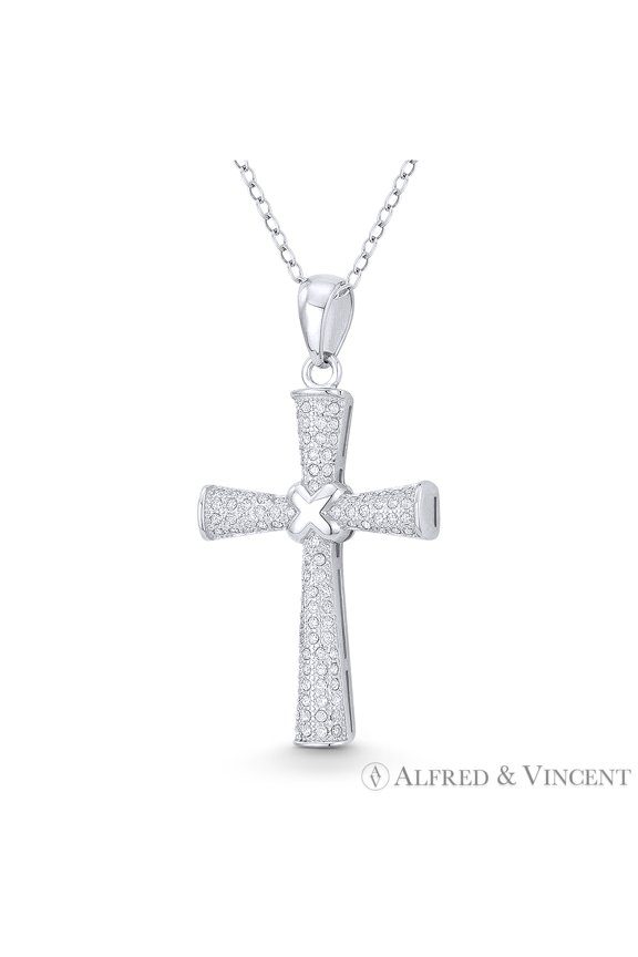 Pattée / Formée Cross Cubic Zirconia CZ Crystal Pave & "X" Rope 37x19mm (1.5x0.75in) Pendant in .925 Sterling Silver w/ Rhodium
