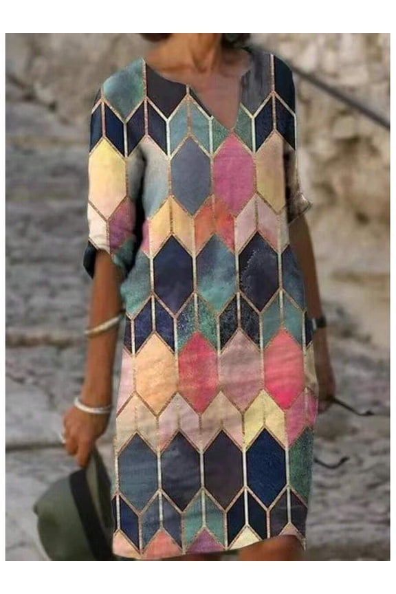 Pattern 6 Geometric Diamond Print V-Neck Relaxed Fit Midi Dress With 3/4 Sleeves