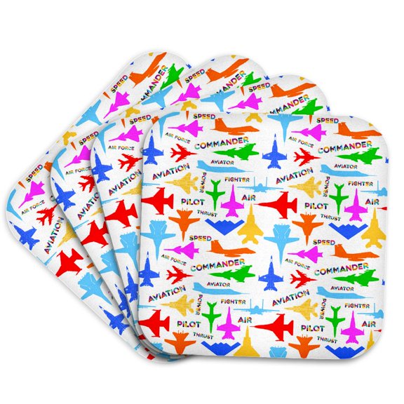 3drose, Pattern Aviation. Colorful Silhouettes of Aircraft, Decorative Texts, Set of 4 Coasters - Soft
