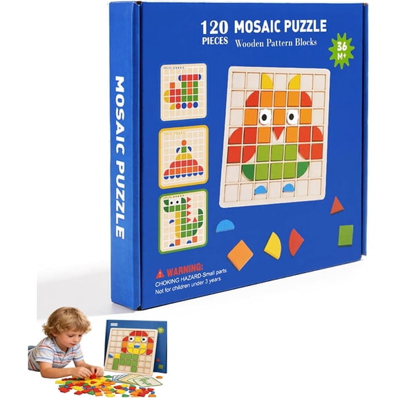 Pattern Blocks and Boards, 120-Piece Colored Wooden Shape Blocks, Classic Geometric Learning Toy, Montessori Style