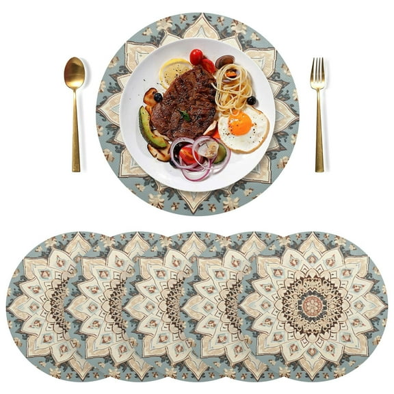 Pattern Boho Bohomia Black Round Placemats Plate Mats 15 Inch Non-Slip Heat Resistant Washable PVC Set Indoor for Kitchen Dining Table 1PC