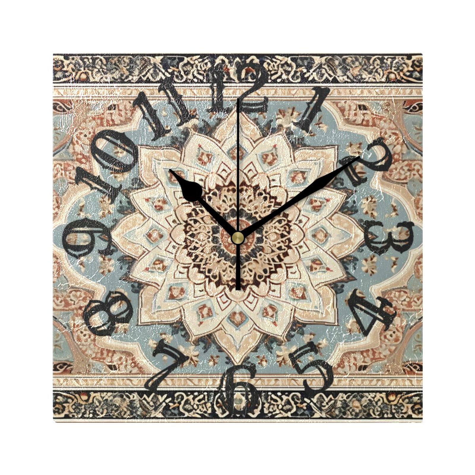 Pattern Boho Bohomia Wall Clock Square Silent Non Ticking Battery ...