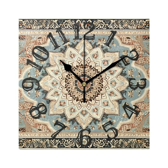 Pattern Boho Bohomia Wall Clock Square Silent Non Ticking Battery Operated Clock for Home Bathroom Kitchen Bedroom Living Room