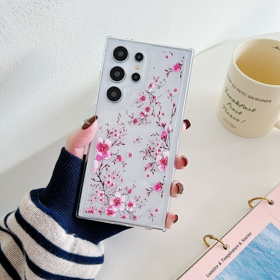 Pattern Clear Case for Samsung Galaxy S24 Ultra Cute Flower Floral Pattern Slim Case for Samsung Galaxy S24 Ultra Women Girls Shockproof Non-Yellowing TPU Bumper Protective Cover, Flower-E