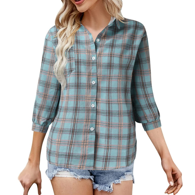 Pattern Clothes for Women Plain Tops Women Casual Lapel Button Plaid Print  Sun Long Sleeve Shirt Top Long Sleeve Thick T Shirt Women