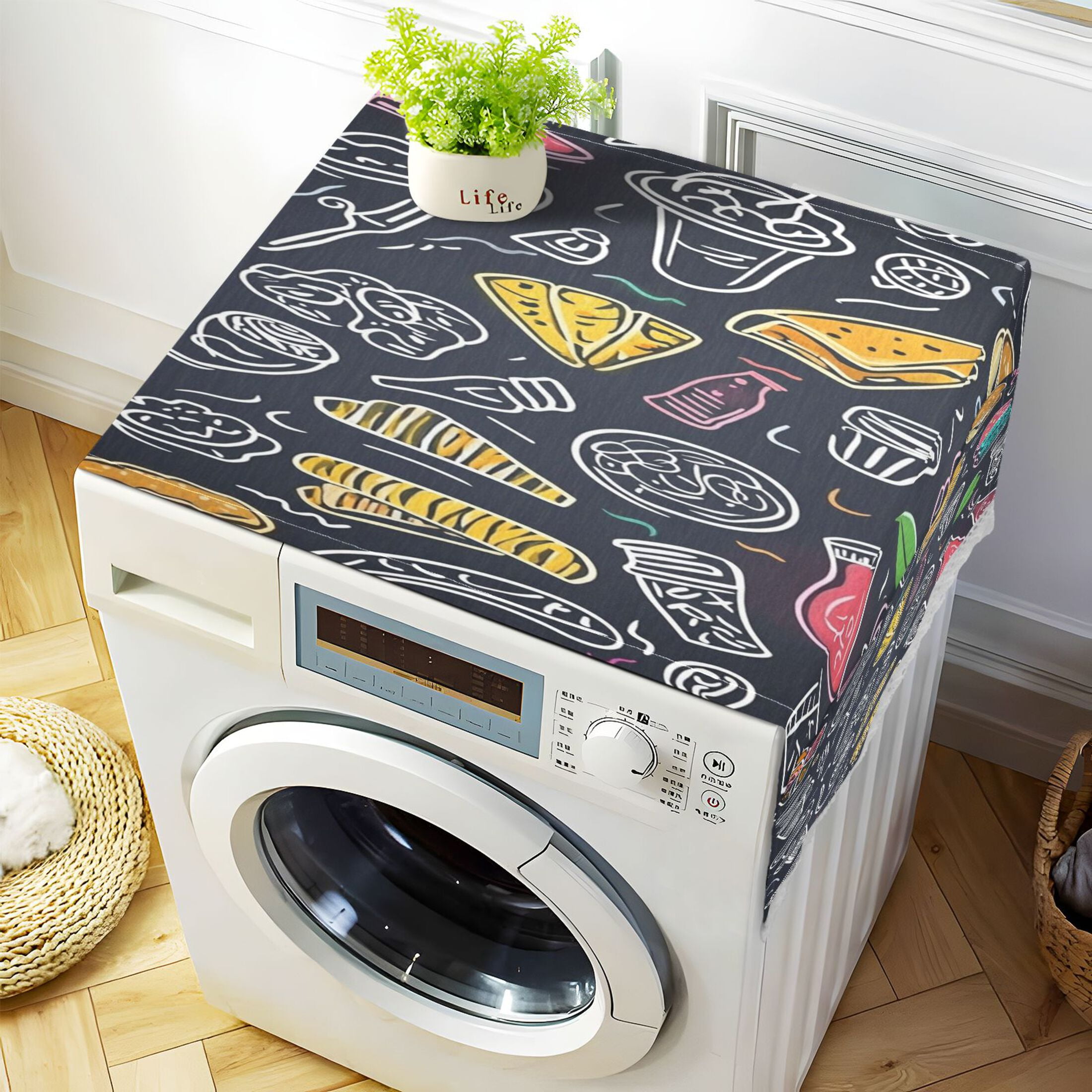 The Pattern Of Coffee DessertWasher and Dryer Covers Dust-Proof and Oil Resistant Fridge Cover with 4 Storage Pockets Washing Machine Top Cover for Laundry Kitchen Home 51.2 x 22 In