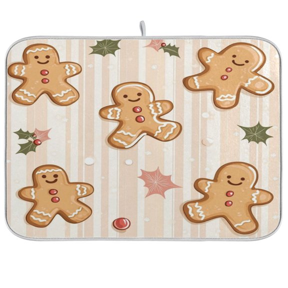 A Pattern Of Cute Gingerbread Cookies Kitchen Drying Mat Heat Resistant Drainage with Non-Slip Rubber Backing Hides Stains Super Absorbent Easy to Clean 18×24in
