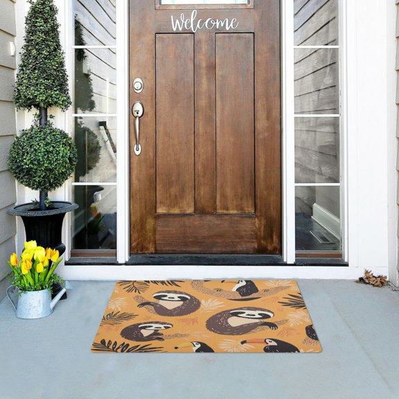 A Pattern with Cute Sloth and Toucan in The Jungle Highly Absorbent Polyester Doormat Anti-slip Anti-fouling Indoor Outdoor Entrance Welcome Mat 32×20in.