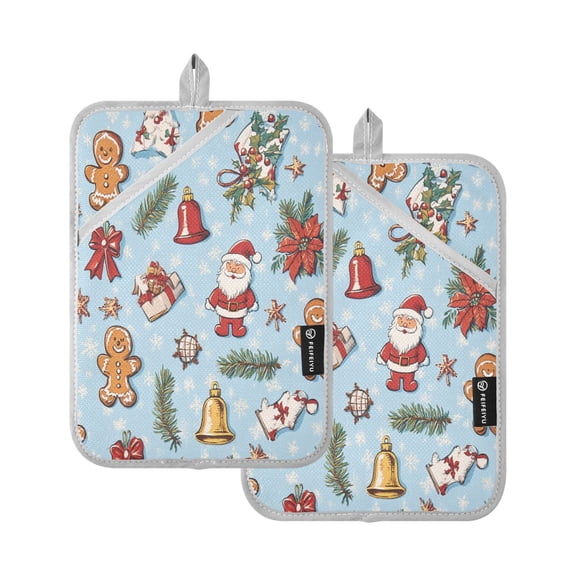 A Pattern Of Gingerbread Men and Santa Claus Square Insulation Pads 2 Piece Heat Resistant 338 Degrees F Oven Mitts for Kitchen Table BBQ Microwave and Other Cooking Occasions