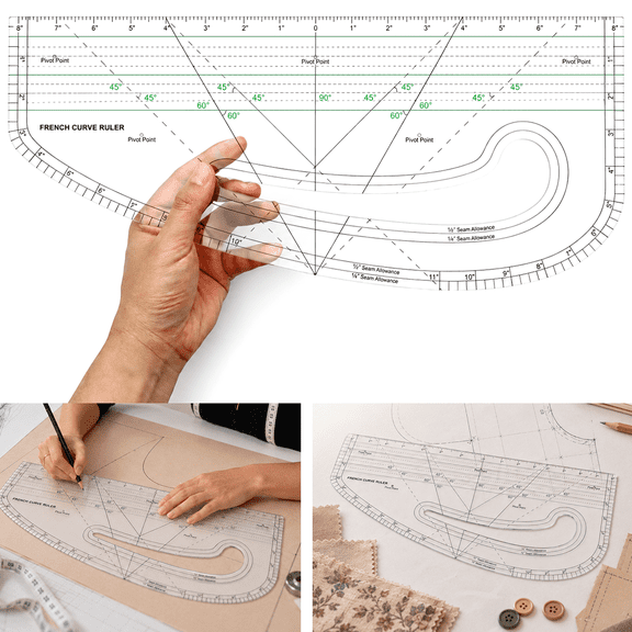 Pattern Maker Ruler, 17" x 7.5" Multipurpose Sewing Tools for Drafting and Grading, Clear Acrylic French Curve Guide with Seam Allowance Lines for Fashion Design & Tailoring