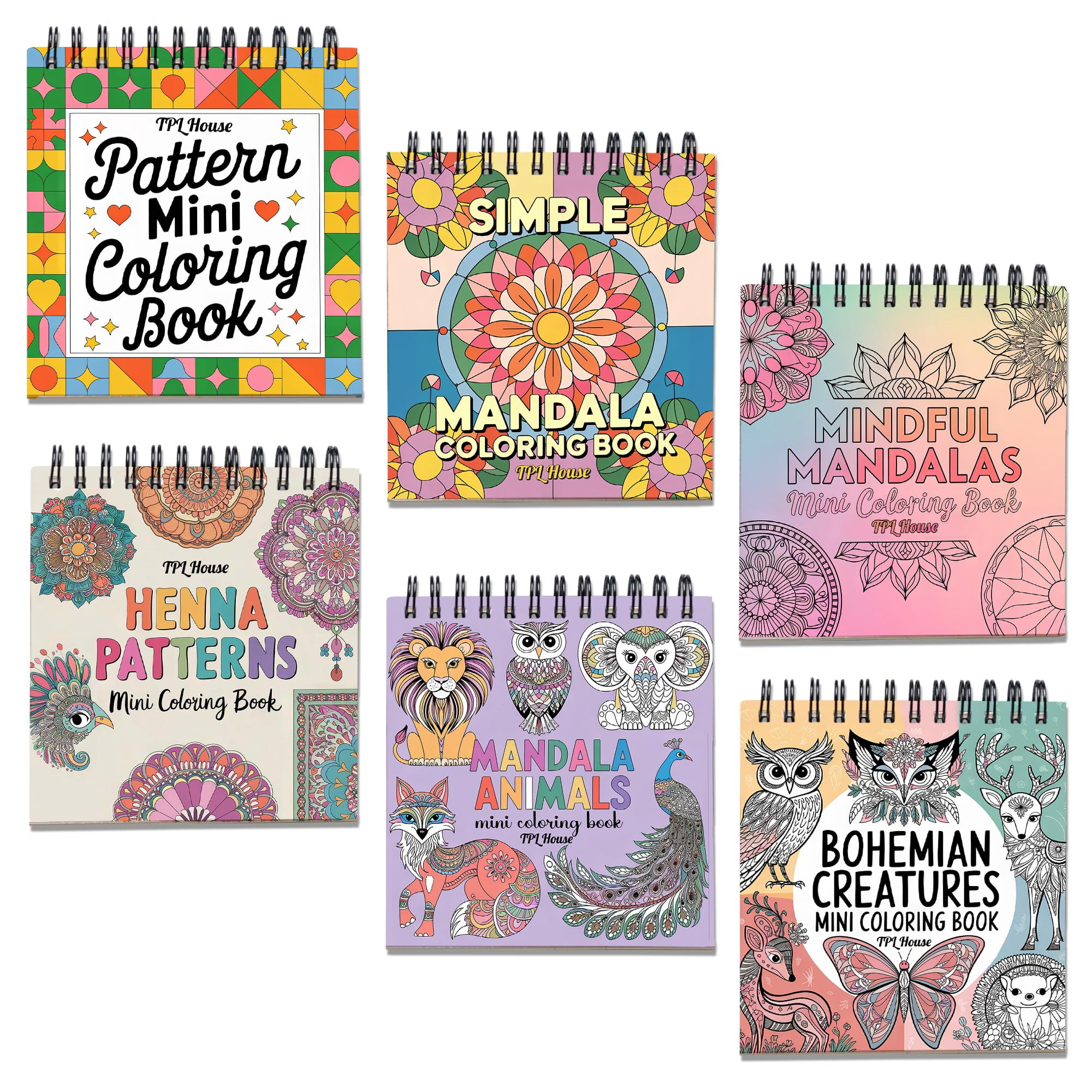 Pattern Mini Coloring Book Spiral Bound for Adult, Pack 6, 3.5” x 3.5” Pocket Size, 40 Coloring Pages Stress & Anxiety Relief, Travel for Women Men