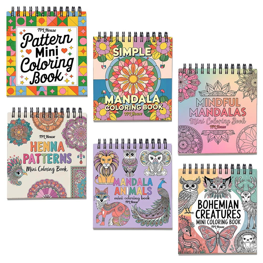 Pattern Mini Coloring Book Spiral Bound for Adult, Pack 6, 3.5” x 3.5” Pocket Size, 40 Coloring Pages Stress & Anxiety Relief, Travel for Women Men