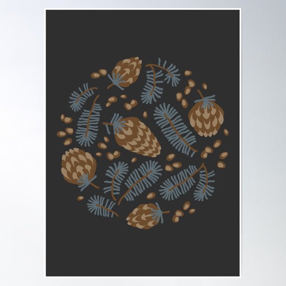 Pattern Of Coniferous Twigs, Nuts And Cones (Dark) Poster Wall Art, Modern Wall Decor, 8x12 UNFRAMED