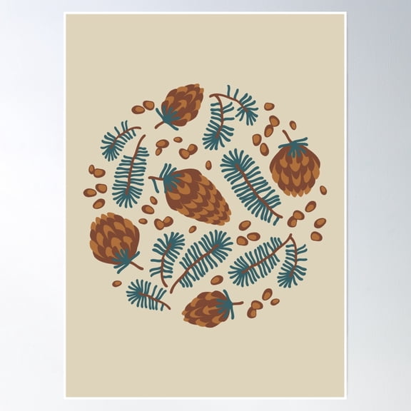 Pattern Of Coniferous Twigs, Nuts And Cones (Earthy) Poster Wall Art, Modern Wall Decor, 8x12 UNFRAMED