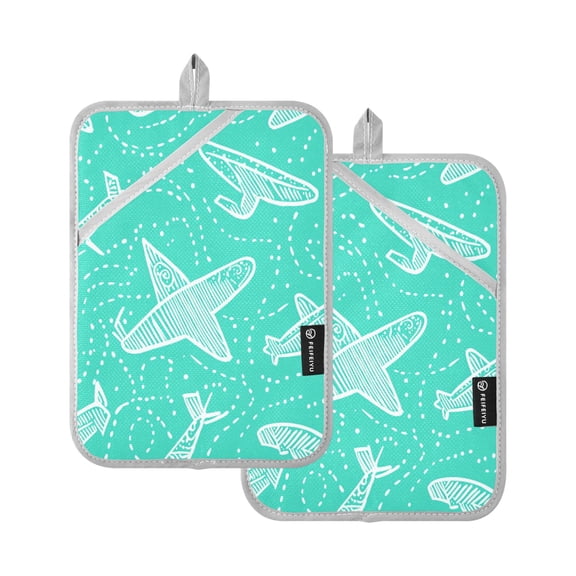 Pattern Of Doodle Airplanes Set of 2 Heat-Resistant Quilted Pads, Silver Polyester, 7" x 9.8"