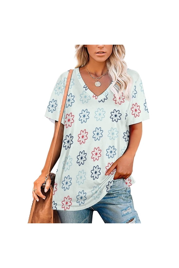 Pattern Of Flowers Of Red Color And Shades Of Blue Ruffle Short Sleeve T Shirt Women Summer T Shirts V Neck Tee Tops Pattern