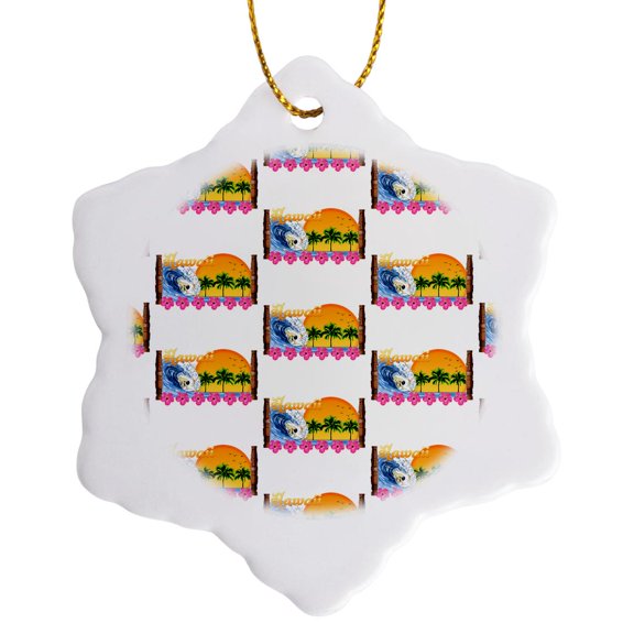 3drose, Pattern of Hawaii North Shore Surfing Beach Vacation Design., 3 inch Snowflake Porcelain Ornament
