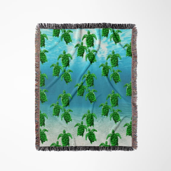 Pattern Of Three Endangered Green Sea Turtles Underwater Artwork., Woven Blanket