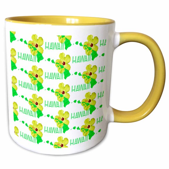 3drose, Pattern of Yellow Hibiscus Flower and Hawaiian Islands on White., 15oz Two-tone Yellow Mug