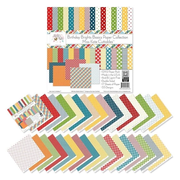 Pattern Paper Pack - Birthday Brights Basics - for Party - 17 Double-Sided 12"x12" Collection Includes 34 Patterns - Scrapbooking Card Making Crafting - by