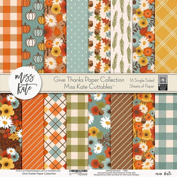 Pattern Paper Pack - Give Thanks - Thanksgiving - Scrapbook Premium Specialty Paper Single-Sided 12"x12" Collection Includes 16 - by