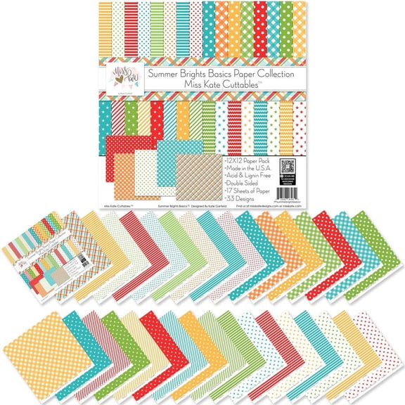 Pattern Paper Pack - Summer Brights Basics - for Vacation - 17 Double-Sided 12"x12" Collection Includes 34 Patterns - Scrapbooking Card Making Crafting - by