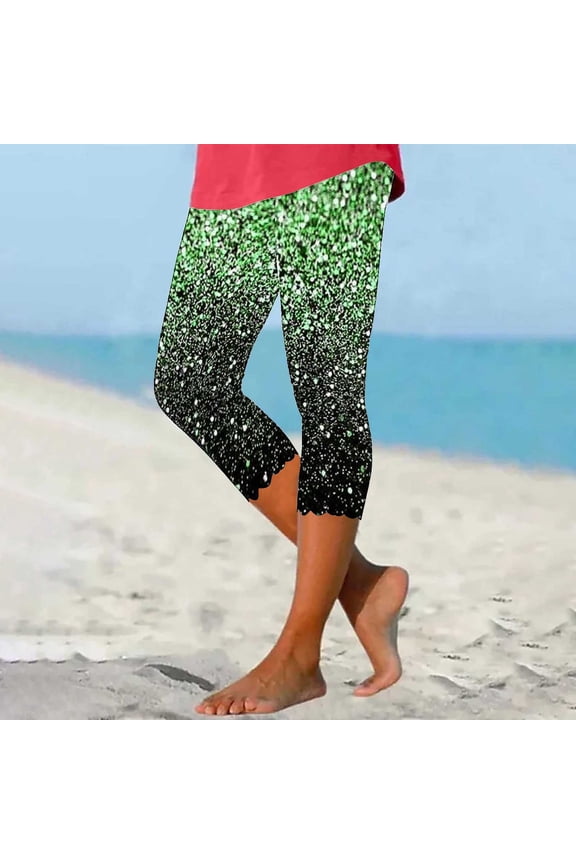 Pattern Printed Capri Leggings With Pockets For Women Tummy Control Workout Yoga Capris Green S