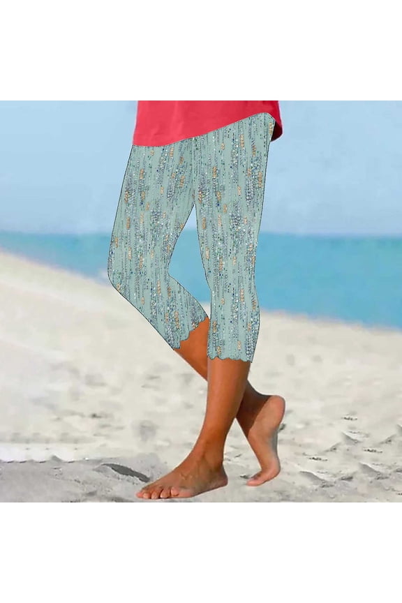 Pattern Printed Capri Leggings With Pockets For Women Tummy Control Workout Yoga Capris Sky Blue L