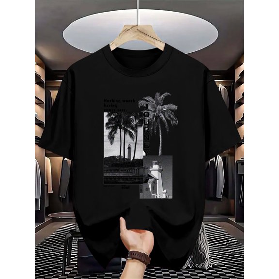 Pattern Printed Inner Layer Short Sleeve Crew Neck T-Shirt, Breathable Summer Top Lining for Men Daily Wear